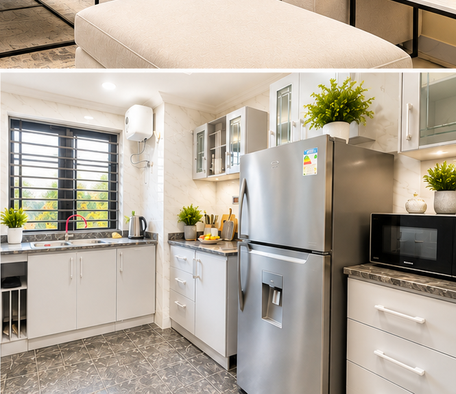 Virtually staged Penuel Gardens kitchen with refrigerator and microwave